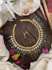 Exquisite Jadau Kundan Neckpiece-White-Green Beads-J2481