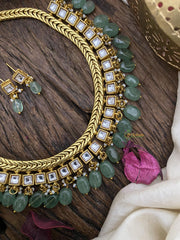 Exquisite Jadau Kundan Neckpiece-White-Green Beads-J2481