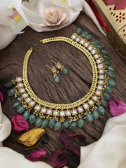 Exquisite Jadau Kundan Neckpiece-White-Green Beads-J2481