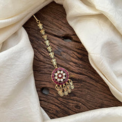 Gold Look Alike Red Kemp Stone Maang Tikka-G13548