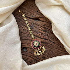 Gold Look Alike Red Green Kemp Stone Maang Tikka-G13547