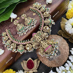 Vriksham Designer Guttapusalu Double Lakshmi Style Pendant-Red Green White -White & Green Bead-J3323