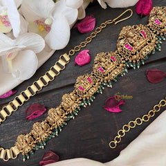 Vriksham Antique Lotus Lakshmi Jhumka Style Hipchain-Red-Green Bead-G21204