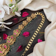 Vriksham Antique Lotus Lakshmi Jhumka Style Hipchain-Red-Green Bead-G21204