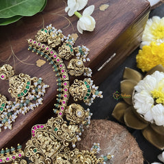 Vriksham Designer Guttapusalu Double Lakshmi Style Pendant-Red Green White -White & Green Bead-J3323