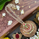 Vriksham Half Moon Style Kundan Jadau 3 Layer Beaded Neckpiece-Red White Green-Pearl-J3334