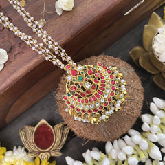 Vriksham Half Moon Style Kundan Jadau 3 Layer Beaded Neckpiece-Red White Green-Pearl-J3334