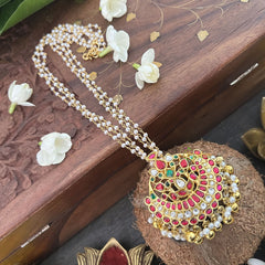 Vriksham Half Moon Style Kundan Jadau 3 Layer Beaded Neckpiece-Red White Green-Pearl-J3334