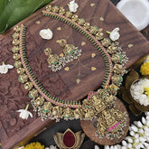 Vriksham Designer Lakshmi Style Pendant Kudan Jadau Green Long Guttapusalu Neckpiece-Pearl-J3320