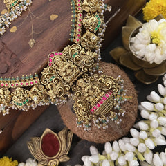 Vriksham Designer Lakshmi Style Pendant Kudan Jadau Green Long Guttapusalu Neckpiece-Pearl-J3320