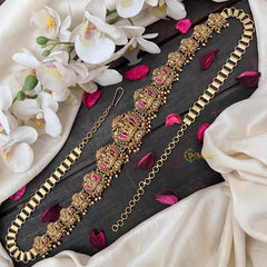 Vriksham Antique Lotus Lakshmi Jhumka Style Hipchain-Red-Gold Bead-G21207