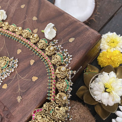 Vriksham Designer Lakshmi Style Pendant Kudan Jadau Green Long Guttapusalu Neckpiece-Pearl-J3320