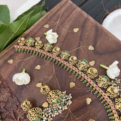 Vriksham Designer Lakshmi Style Pendant Kudan Jadau Green Long Guttapusalu Neckpiece-Pearl-J3320