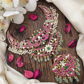 Vriksham Regal Look Kundan Jadau Neckpiece-Red Green-Rice Pearl-Aqua Green Bead-J3586