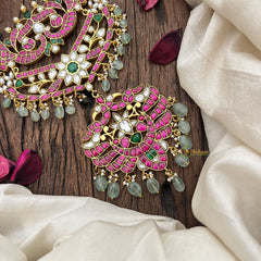 Vriksham Regal Look Kundan Jadau Neckpiece-Red Green-Rice Pearl-Aqua Green Bead-J3586