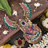 Vriksham Designer Lakshmi Narashima Pendant Kundan Jadau Hasali Neckpiece-Aqua Blue-Pearl-J3318