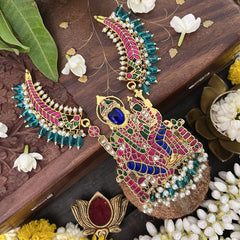 Vriksham Designer Lakshmi Narashima Pendant Kundan Jadau Hasali Neckpiece-Aqua Blue-Pearl-J3318