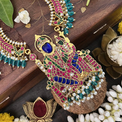 Vriksham Designer Lakshmi Narashima Pendant Kundan Jadau Hasali Neckpiece-Aqua Blue-Pearl-J3318