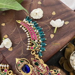 Vriksham Designer Lakshmi Narashima Pendant Kundan Jadau Hasali Neckpiece-Aqua Blue-Pearl-J3318