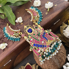 Vriksham Designer Lakshmi Narashima Pendant Kundan Jadau Hasali Neckpiece-Aqua Blue-Pearl-J3318