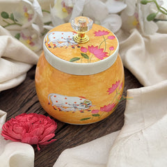 Vriksham Kamdhenu & Lotus Ceramic Jar-Yellow-RG278