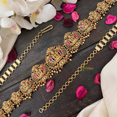 Vriksham Antique Lotus Lakshmi Jhumka Style Hipchain-Red Green-Gold Bead-G21206