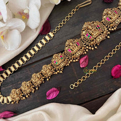 Vriksham Antique Lotus Lakshmi Jhumka Style Hipchain-Red Green-Gold Bead-G21206