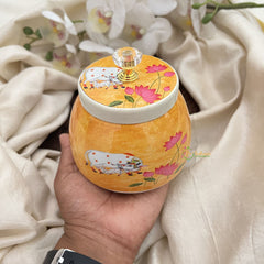 Vriksham Kamdhenu & Lotus Ceramic Jar-Yellow-RG278
