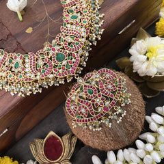 Vriksham Simple Leaf Design Neckpiece-Red Green-White Pastel Green Bead-J3309