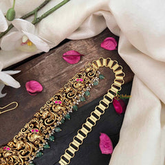 Vriksham Designer Elephant & Lakshmi With Leaf Nakshi Bridal Hipchain-Red-Green Bead-G21199