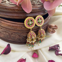 Exclusive Jadau Kundan Jhumka-Green Beads-Rice Pearls-J2438