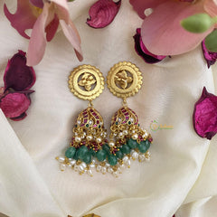 Exclusive Jadau Kundan Jhumka-Green Beads-Rice Pearls-J2438