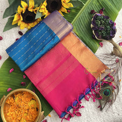 Vriksham Blue Floral Design With Pink Border Pure Soft Silk Saree-VS4854