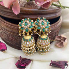 Lotus Jadau Kundan Jhumka-Green-J2424