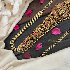 Vriksham Designer Elephant & Lakshmi With Leaf Nakshi Bridal Hipchain-Red-Gold Bead-G21200