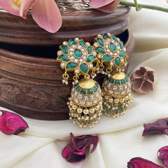 Lotus Jadau Kundan Jhumka-Green-J2424