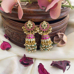 Elegant Jadau Kundan Jhumka-Green Beads-Pearls-J2428