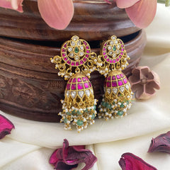 Elegant Jadau Kundan Jhumka-Green Beads-Pearls-J2428