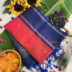 Vriksham Classic Red Butta Design With Blue Border Pure Soft Silk Saree-VS4847