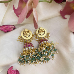 Elegant Jadau Kundan Jhumka-Green Beads-Pearls-J2428