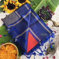 Vriksham Classic Red Butta Design With Blue Border Pure Soft Silk Saree-VS4847