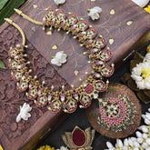 Vriksham Lakshmi With Mango Style Floral Pendant Neckpiece-Red White Green-Aqua Green Bead-J3336