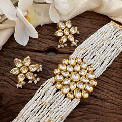 Royal Multilayer Kundan Floral Neckpiece-Pearl-G13633