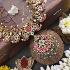 Vriksham Lakshmi With Mango Style Floral Pendant Neckpiece-Red White Green-Aqua Green Bead-J3336