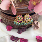 Floral Jadau Kundan Stud-Green Beads-J2431
