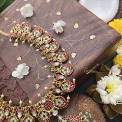 Vriksham Lakshmi With Mango Style Floral Pendant Neckpiece-Red White Green-Aqua Green Bead-J3336