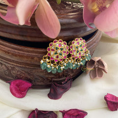 Floral Jadau Kundan Stud-Green Beads-J2431