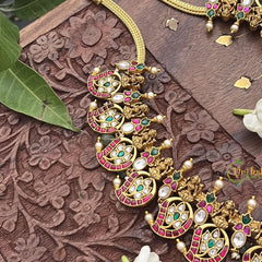 Vriksham Lakshmi With Mango Style Floral Pendant Neckpiece-Red White Green-Aqua Green Bead-J3336