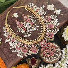 Vriksham Designer Red White 7 Pendant Kundan Jadau Reversible Guttapusalu Neckpiece-Rice Pearl-J3368