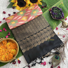 Vriksham Elegant Dual-Tone Baby Pink Ikat Design With Rich Black Zari Border Pure Soft Silk Saree-VS4837